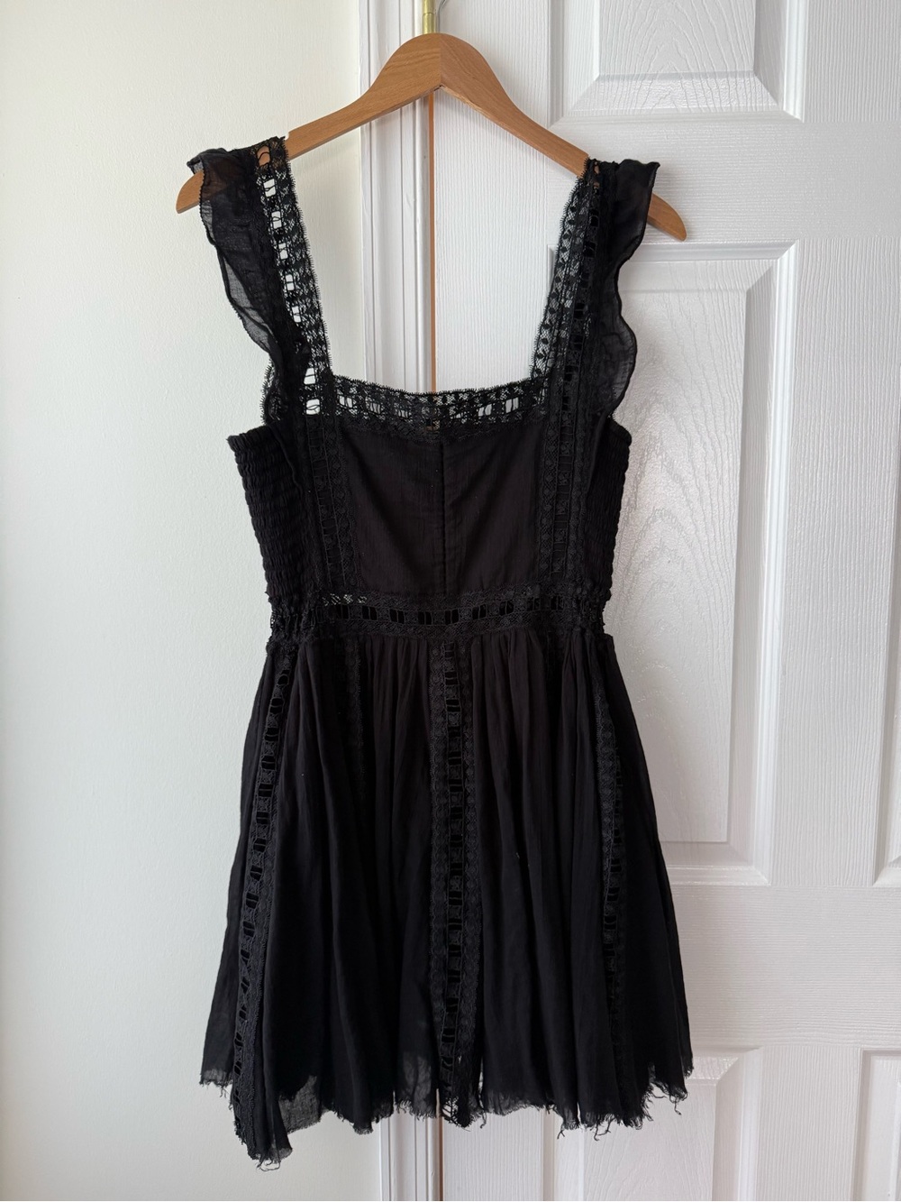 Free People One Verona Dress M Black Sheer Lace Trim Ruffle Whimsigoth Mini - Picture 2 of 10